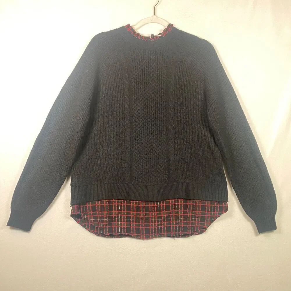 LOFT Black Cable Knit Plaid Trim Sweater Ruffle Neck Holiday Layered Look M